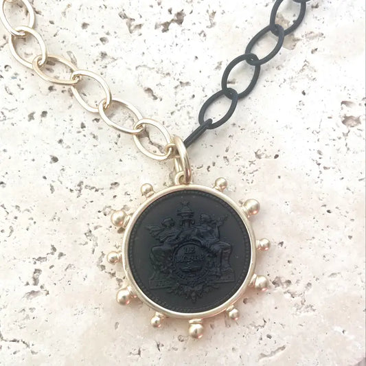 Mixed Metal- Matte Gold & Black Chain Necklace with Matte Black Coin and Gold ball accents.