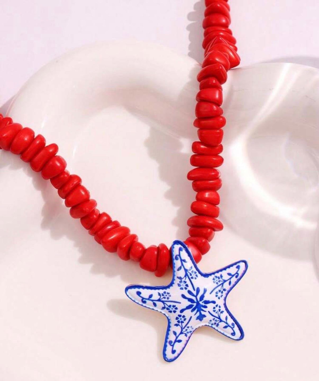 Red Stone Beaded Necklace with Blue & White Painted Starfish Pendant