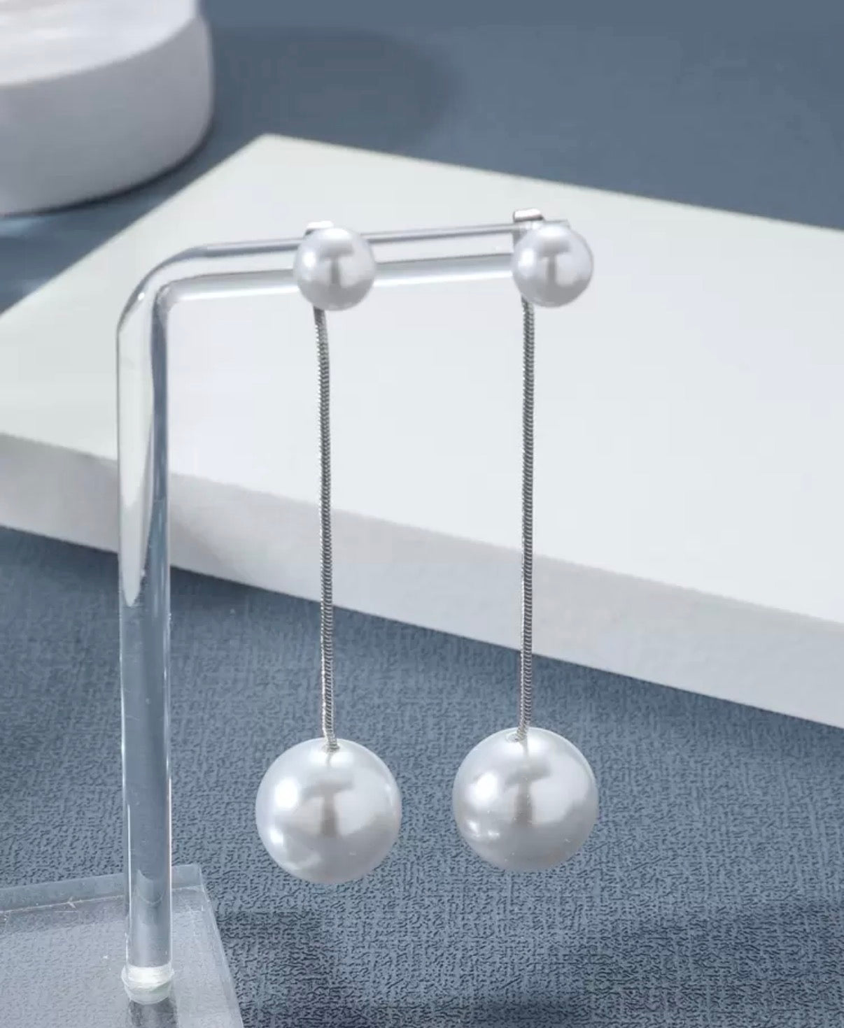 Silver Chain Dangle Earrings with Double Pearl Ball Accents