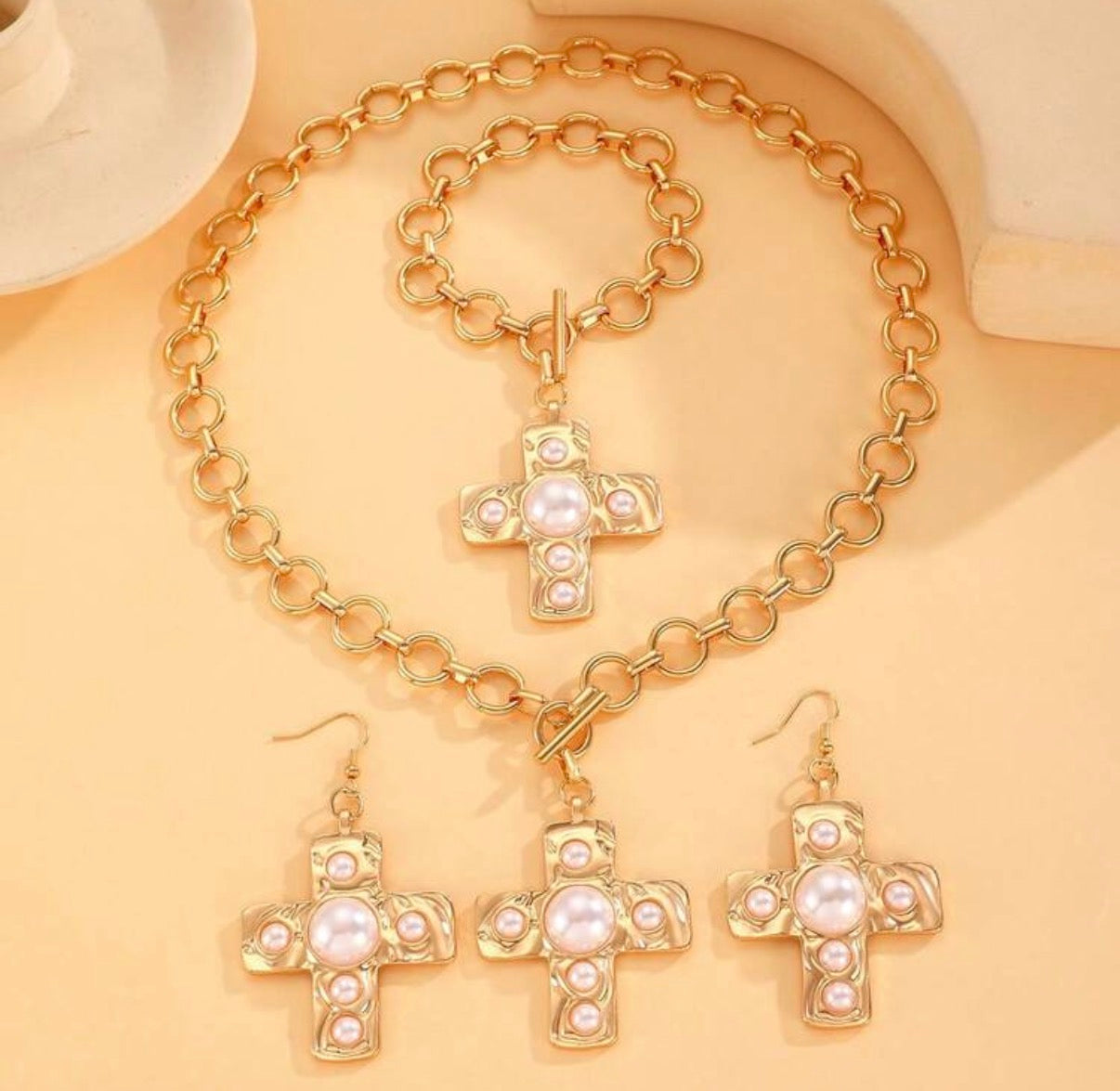 Chunky Pearl Cross Dangle Earrings
