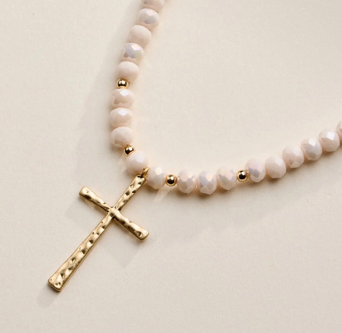 Ivory Beaded Necklace with Thin Hammered Cross