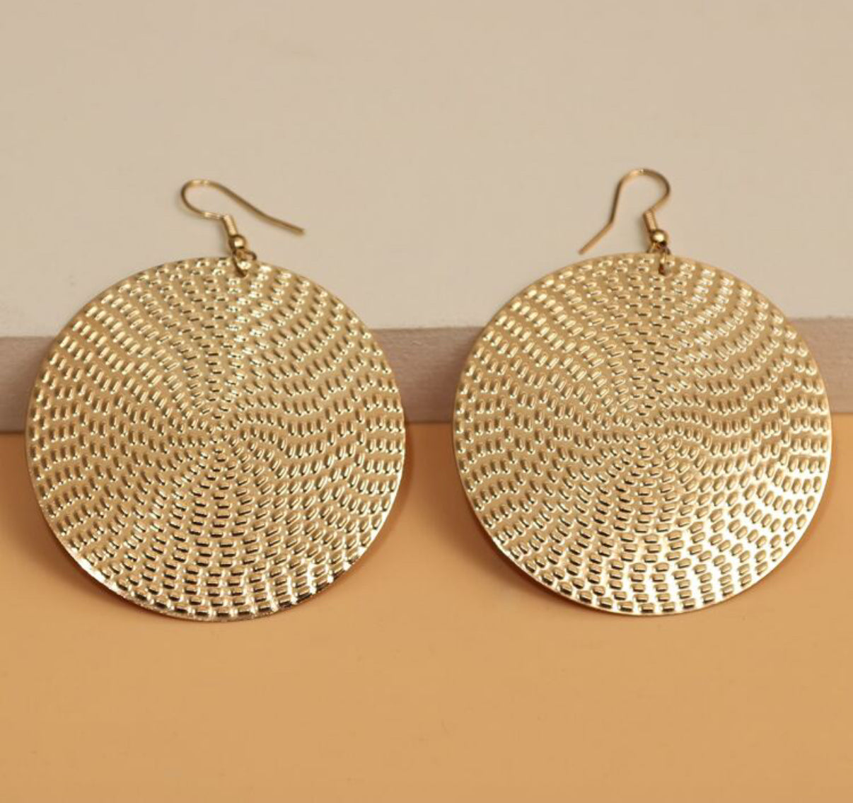 Lightweight -Textured Gold Disk Drop Earrings  (matching necklace available)