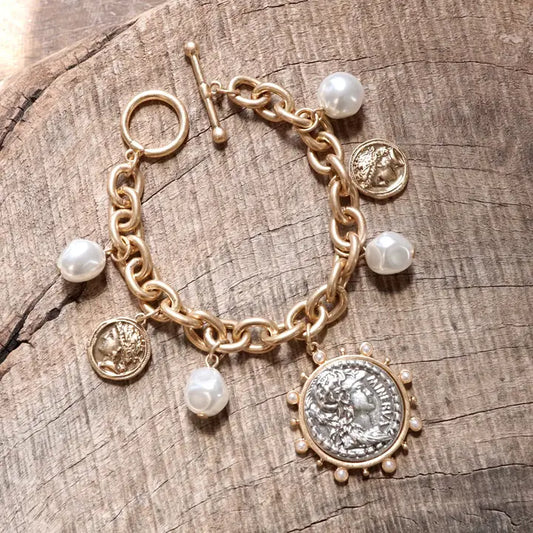 Gold Boho Bracelet with Two-Tone Statement Coin & accessory Pearl Charms.