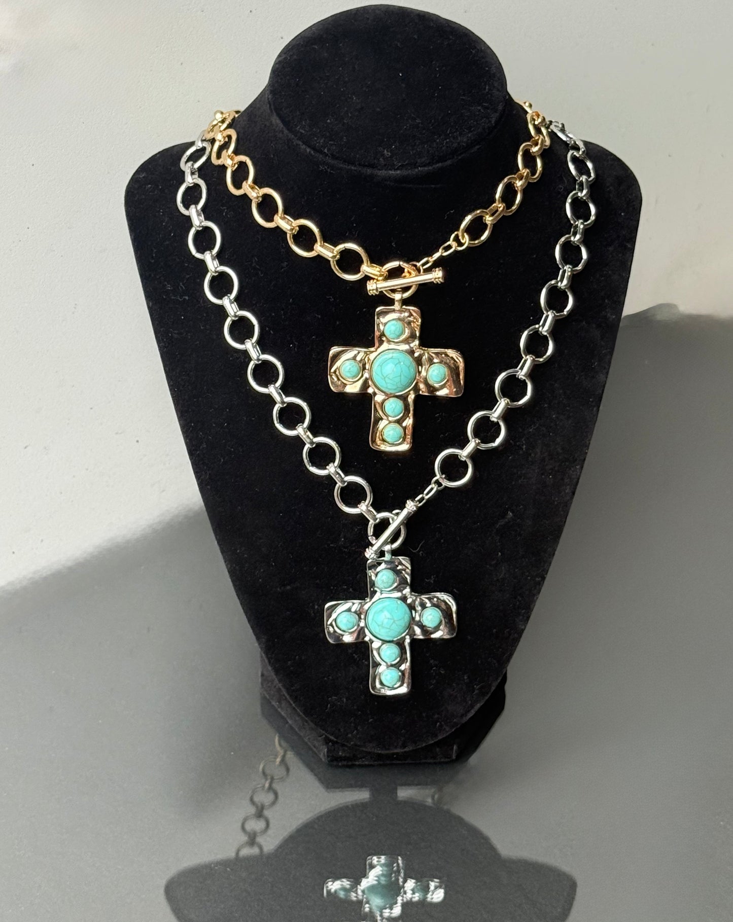 Silver Toggle Necklace with Turquois Beaded Cross Pendant