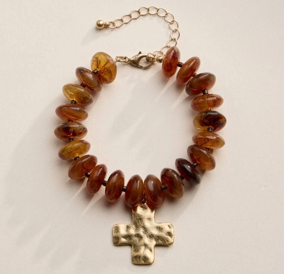 Brown Beaded Cross Charm Bracelet