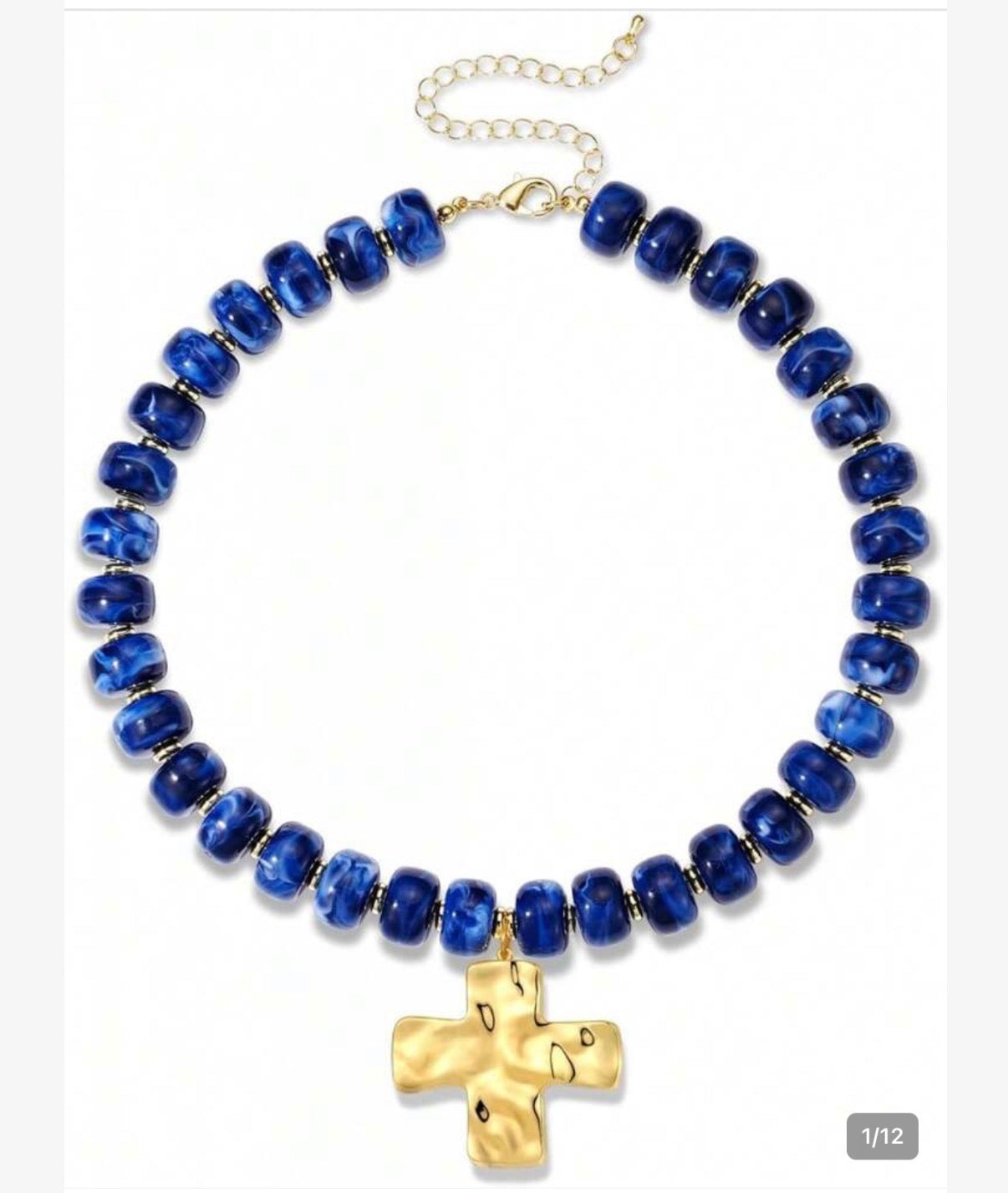 Navy Blue Acrylic Beaded Necklace with Gold Hammered Cross Pendant