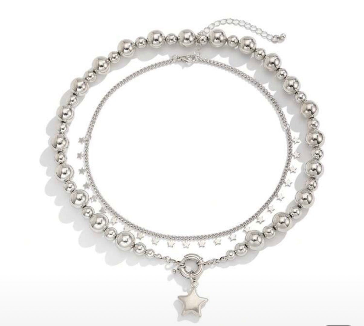 Silver Double Layered- Ball Beaded Chain with toggle/Star & Small Chain with Multiple Star Accent Necklace