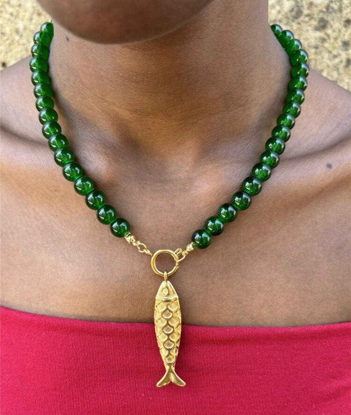 Green Glass Beaded Carabiner Necklace with Stainless Steel Gold Fish Pendant
