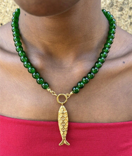 Green Glass Beaded Carabiner Necklace with Stainless Steel Gold Fish Pendant