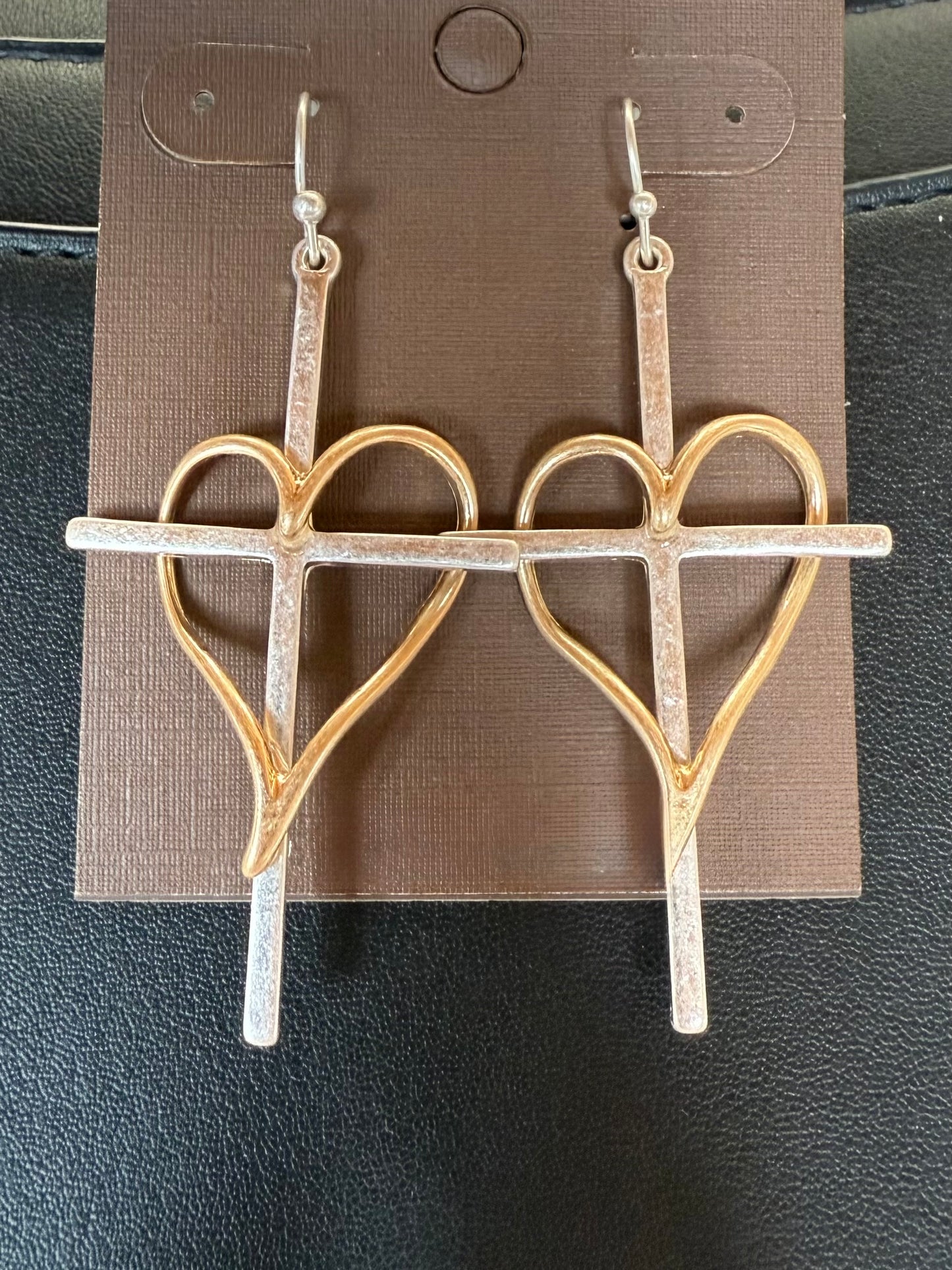 Two-Tone Artisan Silver Cross Earrings with Gold Heart Accent