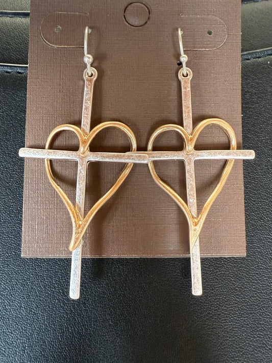 Two-Tone Artisan Silver Cross Earrings with Gold Heart Accent
