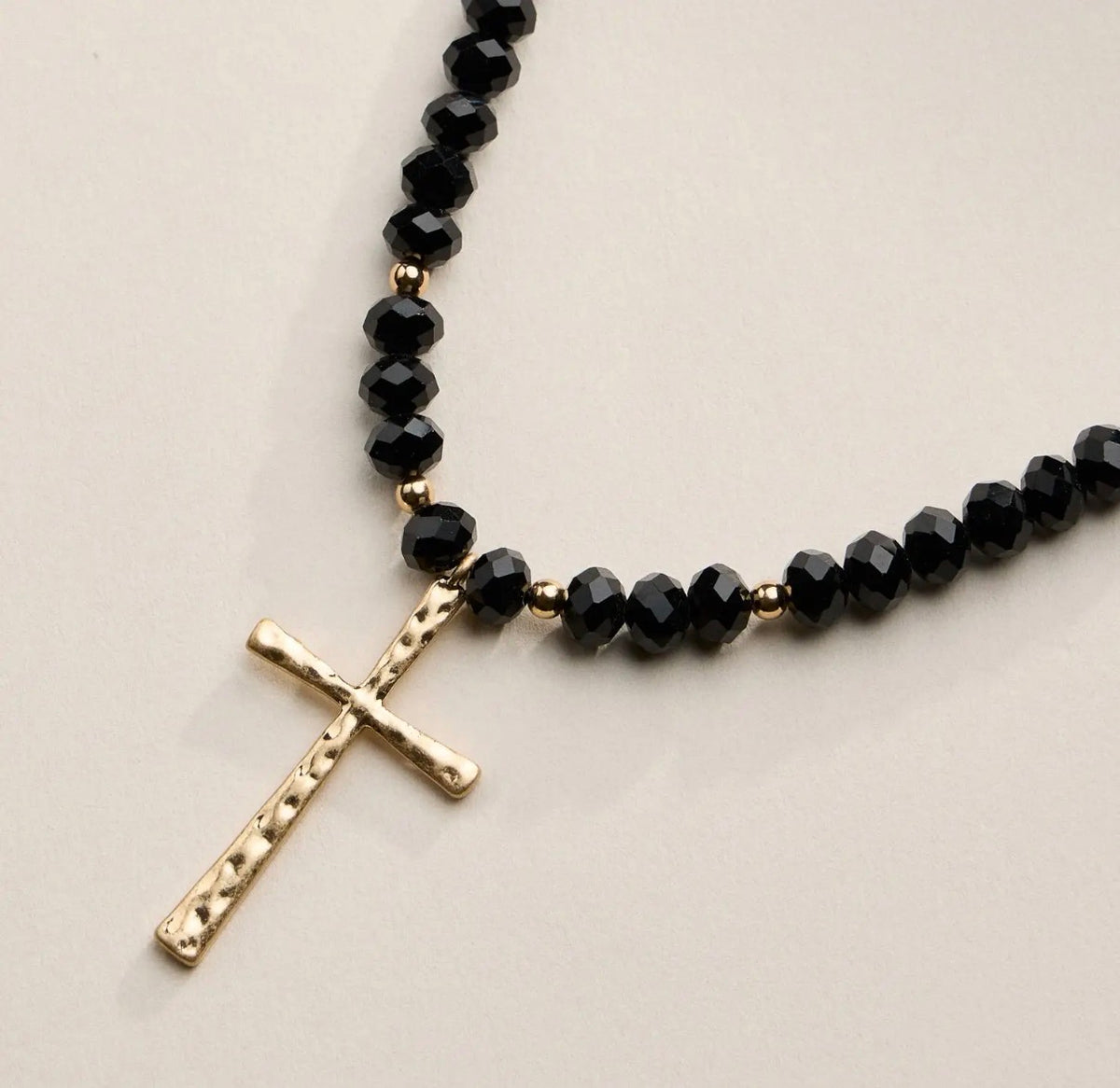 Black Beaded Necklace with Thin Hammered Cross