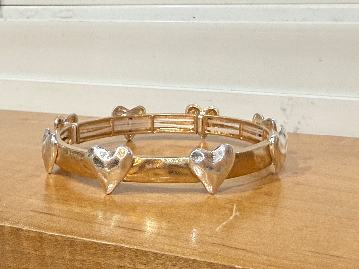 Two-Tone Gold Stretch Bangle Bracelet with Hammered Silver Heart Details