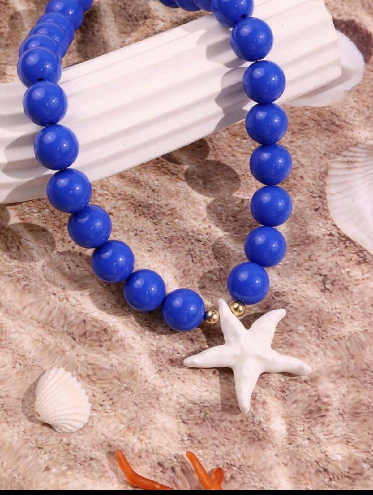 Bright Blue Beaded Necklace with White Starfish Pendant