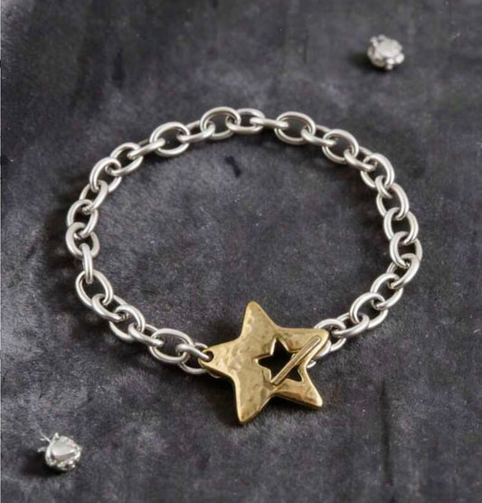 Two-Tone Silver Toggle Chain Bracelet with Gold Star Accent