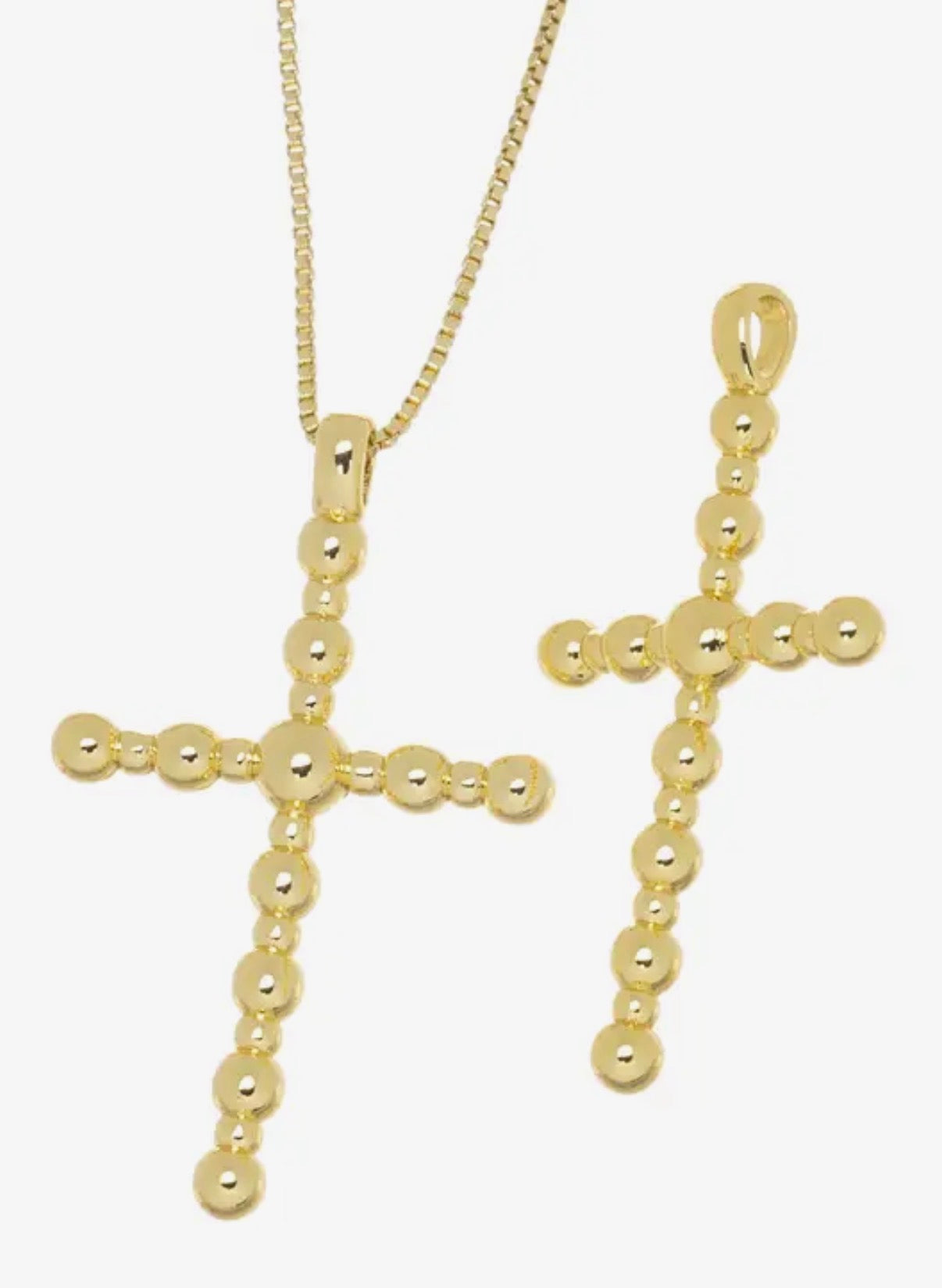 Gold Ball Bead Cross Pendant on Gold Box Chain Necklace