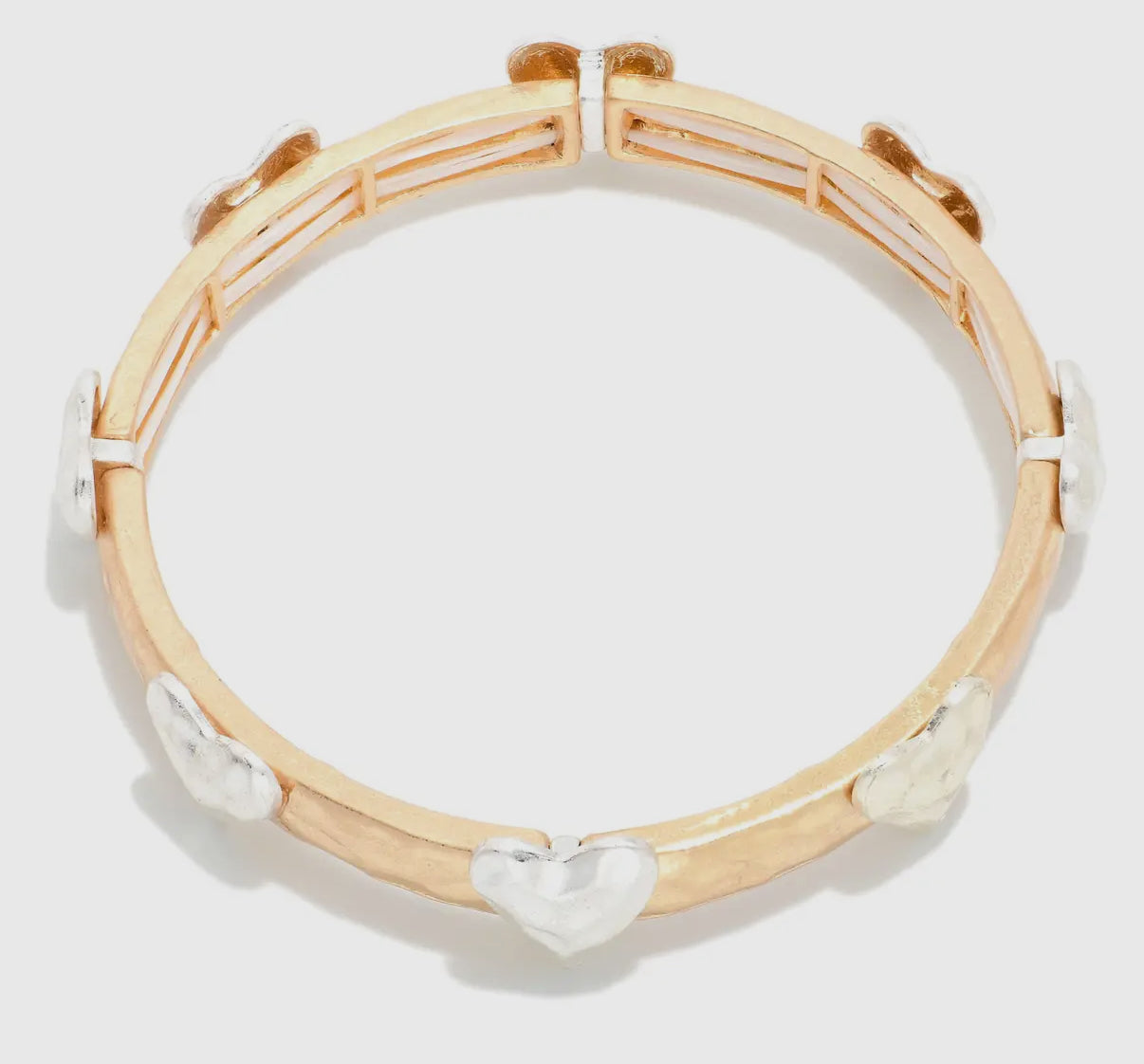 Two-Tone Gold Stretch Bangle Bracelet with Hammered Silver Heart Details