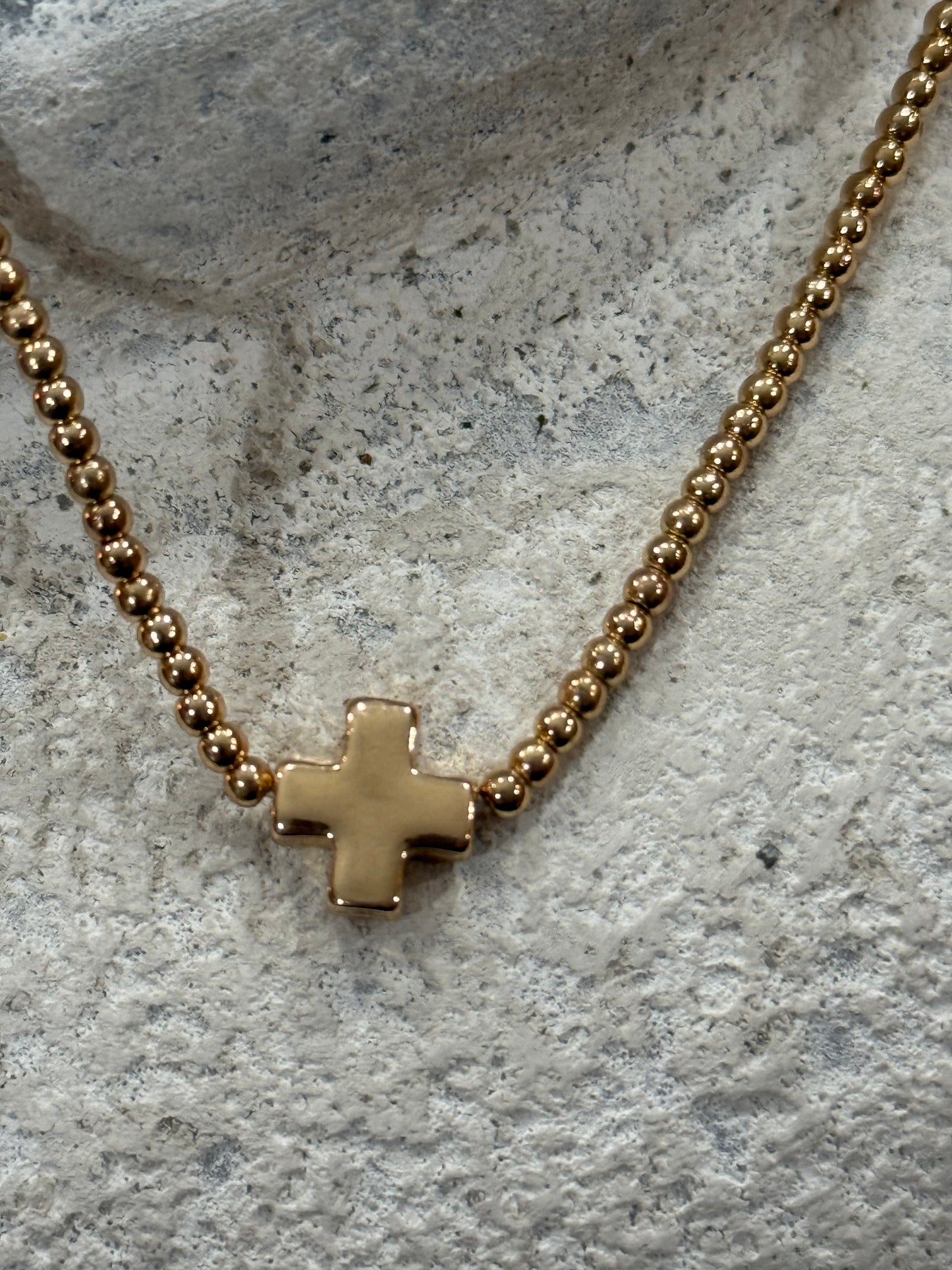 Gold Small Ball Beaded Necklace with Cross Accent