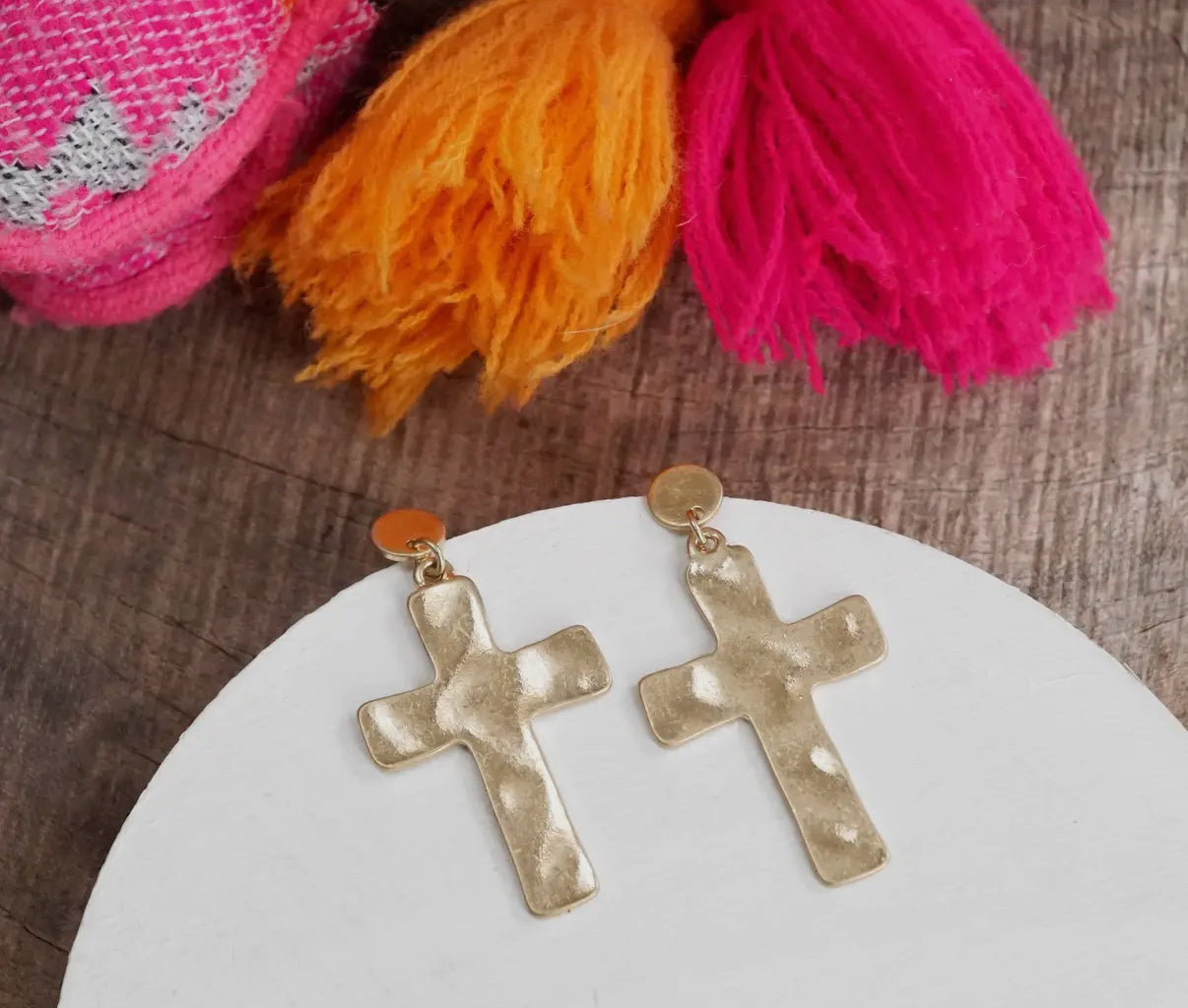 Gold Cross Hammered/ Distressed Drop Earrings