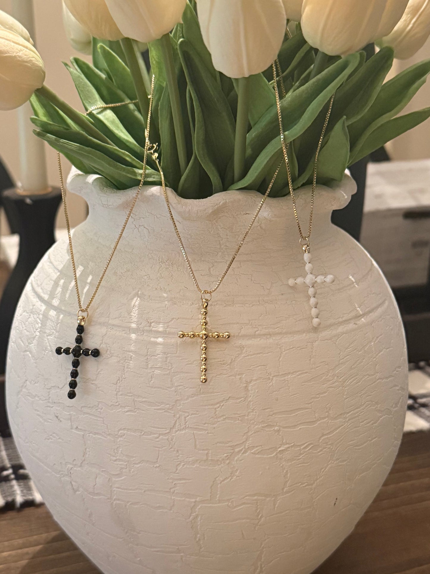 Gold Ball Bead Cross Pendant on Gold Box Chain Necklace