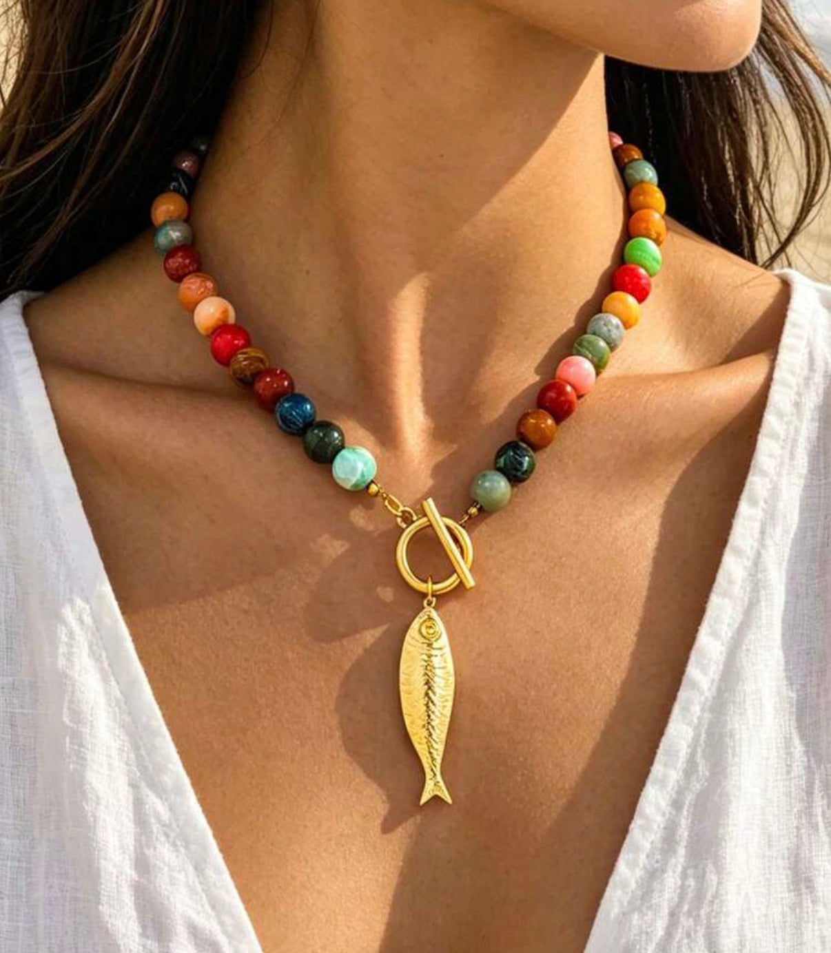 Colorful Beaded Gold Toggle Necklace with Large Fish Pendant