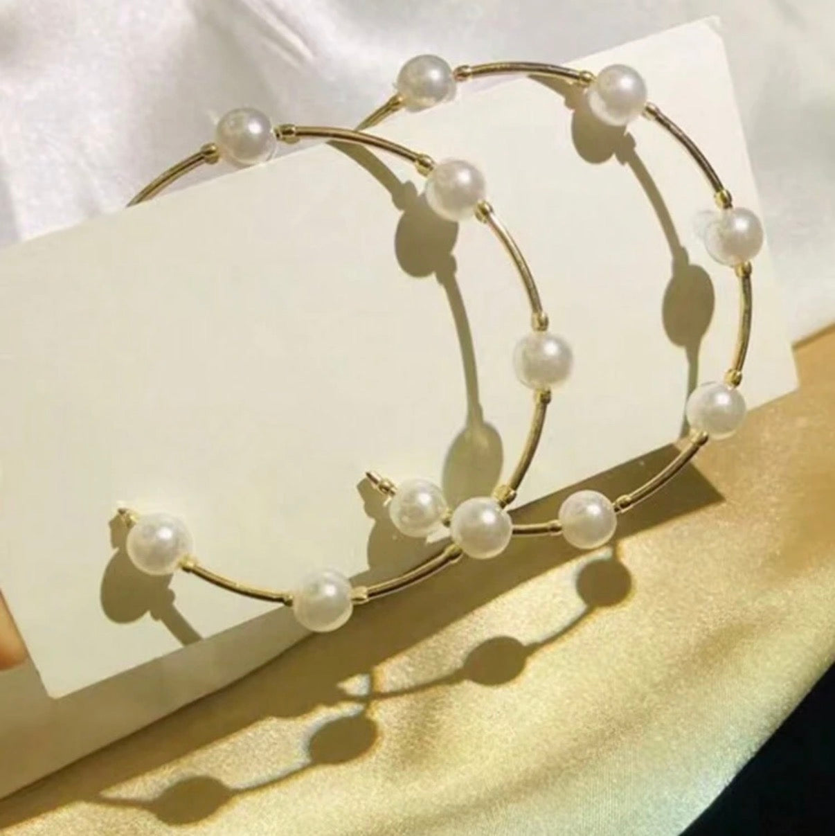 Large Gold Hoop Earrings with Pearl Ball Accents