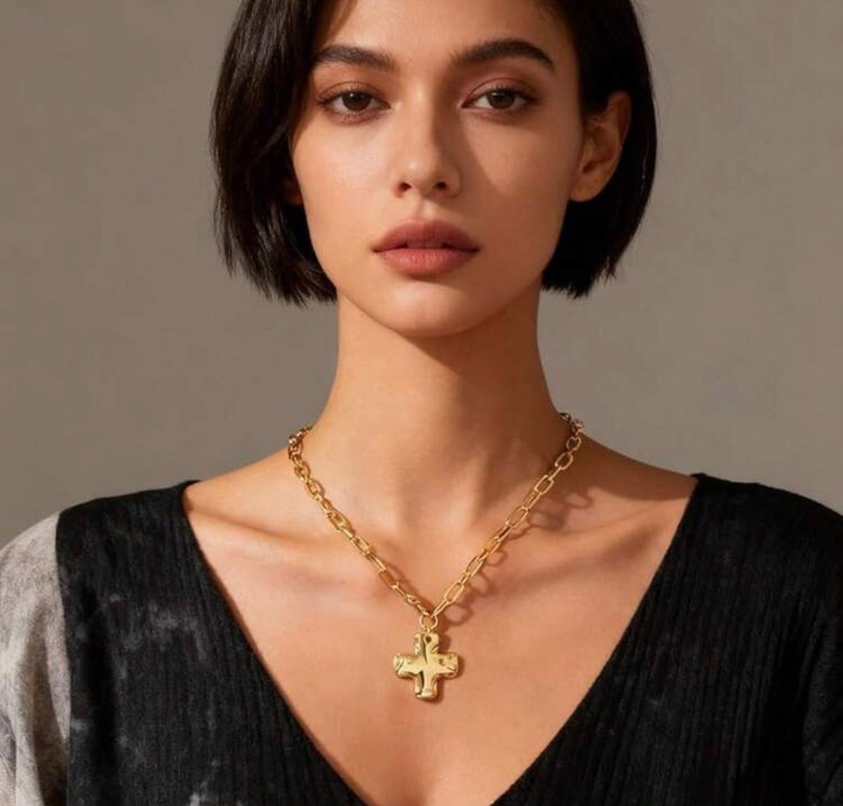 Silver PaperclipNecklace with Hammered Cross Pendant