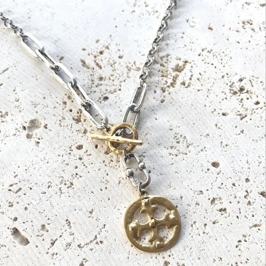 Two-Tone Silver Chain Necklace with Gold Toggle & Gold Cross pendant