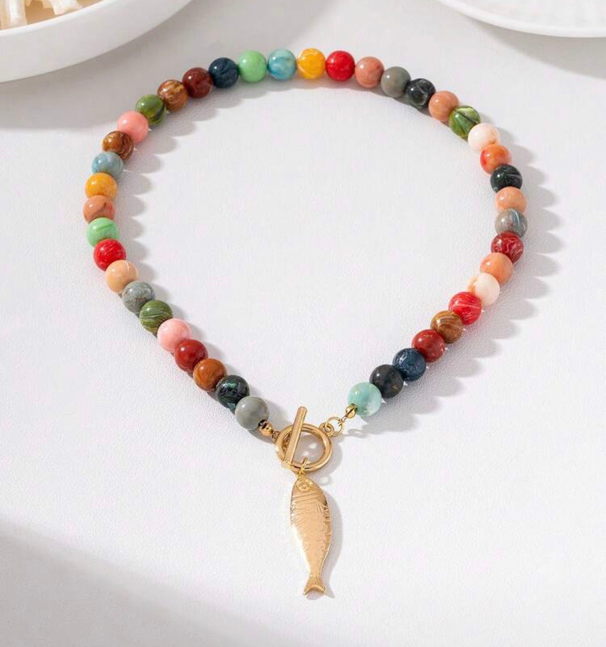 Colorful Beaded Gold Toggle Necklace with Large Fish Pendant