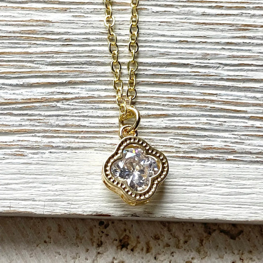 Gold Dainty Crystal Clover Sparkly Necklace