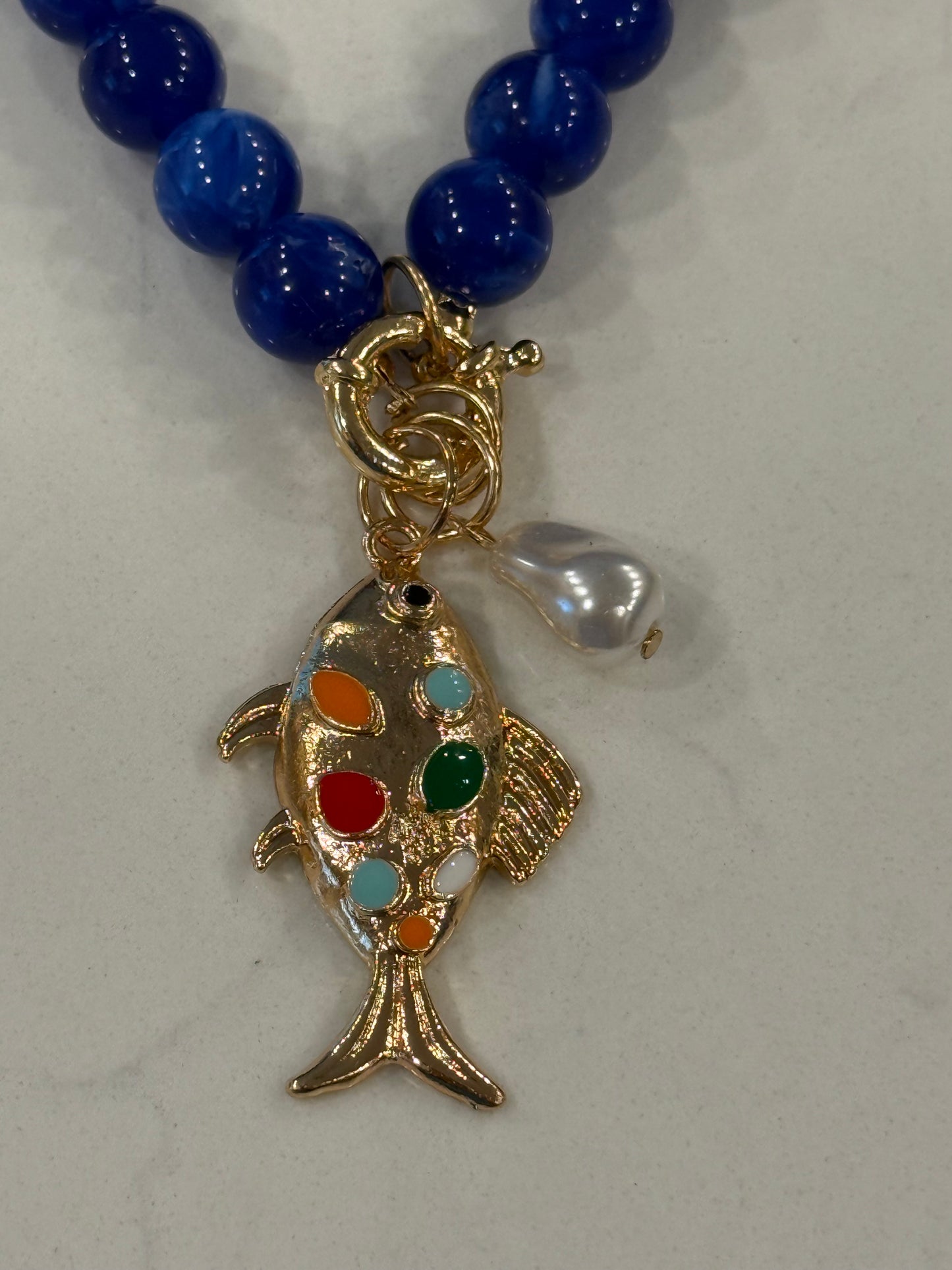 Gold & Colorful Hand Painted Fish Pendant & Pearl Charm on a Brilliant Sapphire Blue Beaded Canaliver Necklace