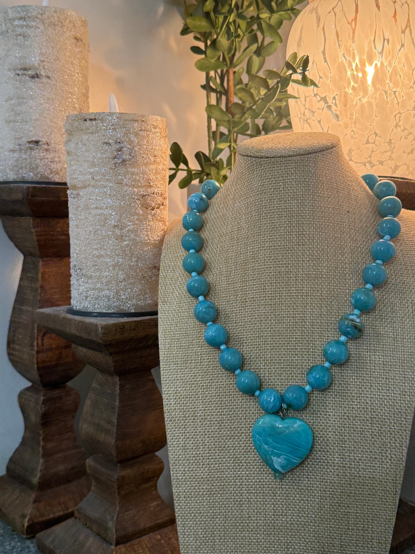 Turquoise & Gold Marbled Beaded Necklace with Puffy Heart Pendant