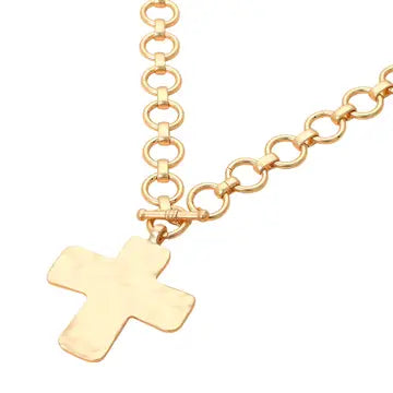 Chunky Gold  Toggle Chain Necklace with Hammered Cross Pendant