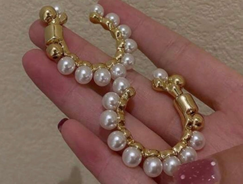 Large C-Shape Gold Hoops with Pearl Beaded Accents