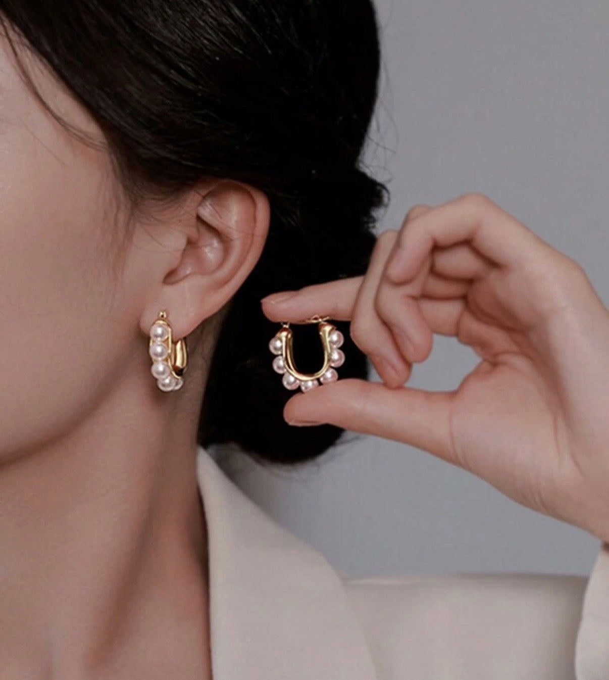 Gold Huggie Hoop Earrings with Pearl Beads