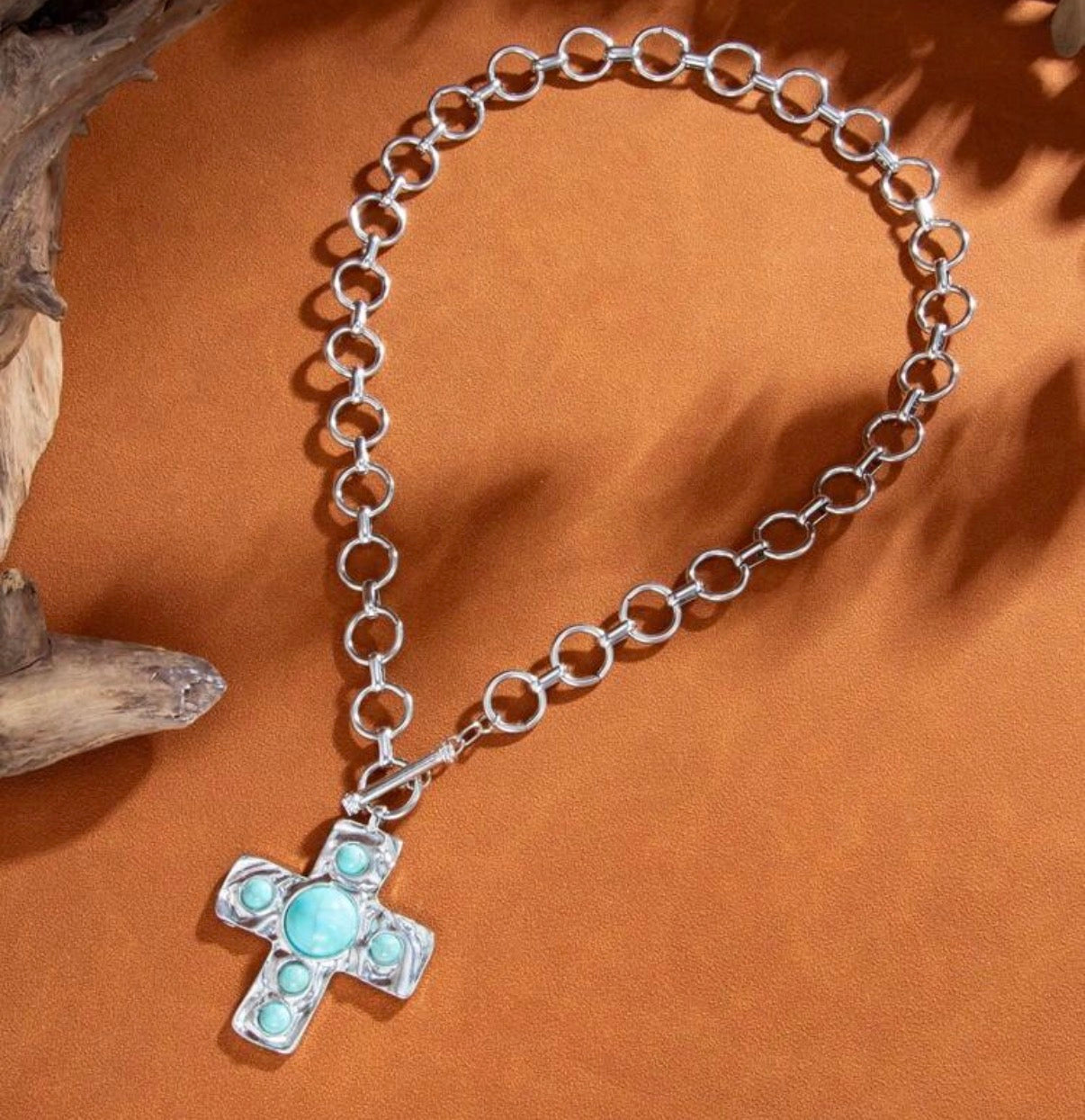 Silver Toggle Necklace with Turquois Beaded Cross Pendant