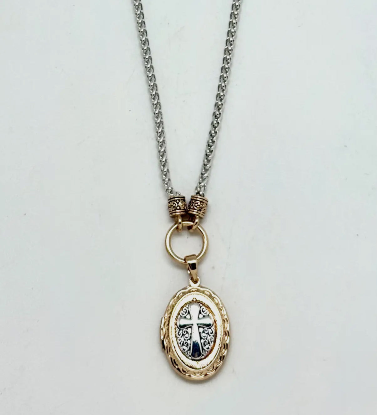 Two-Tone Locket- Silver Chain Necklace With Gold & Silver Cross Locket. 18" with 2”ext.