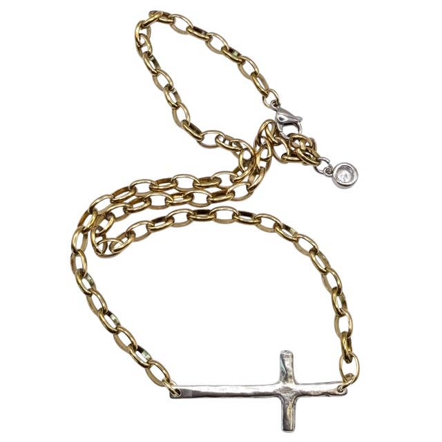 Sideways Cross Religious Mixed Metal Gold with Silver Cross Necklace