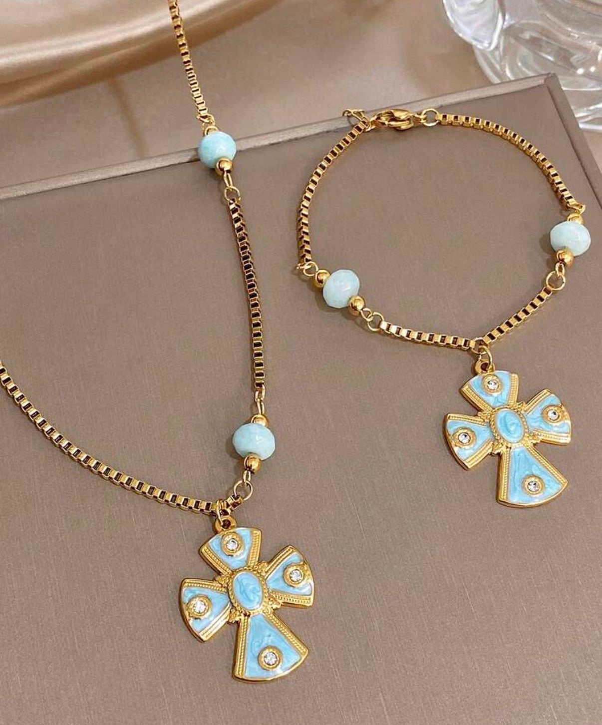 Gold & Light Turquoise Enamel Cross Necklace