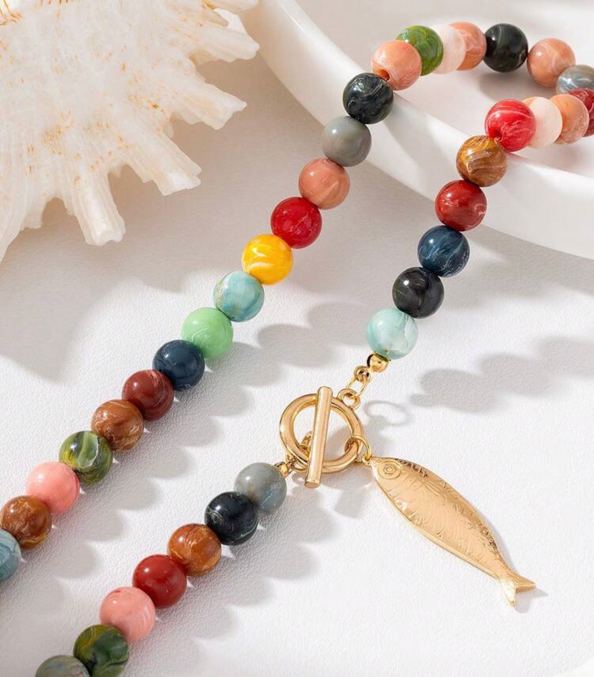 Colorful Beaded Gold Toggle Necklace with Large Fish Pendant