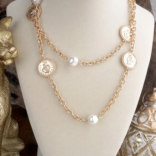 Timeless & Whimsical- Gold Coin & Pearl Station Necklace