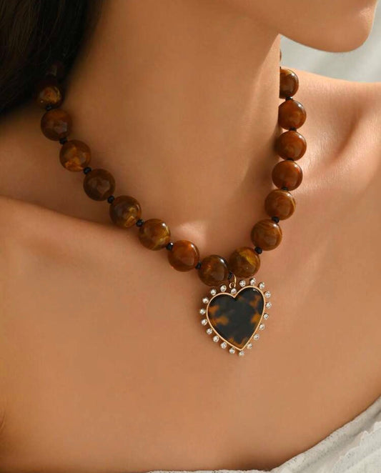 Brown Resin Beaded Necklace with Brown & Gold Spiky Heart Pendant