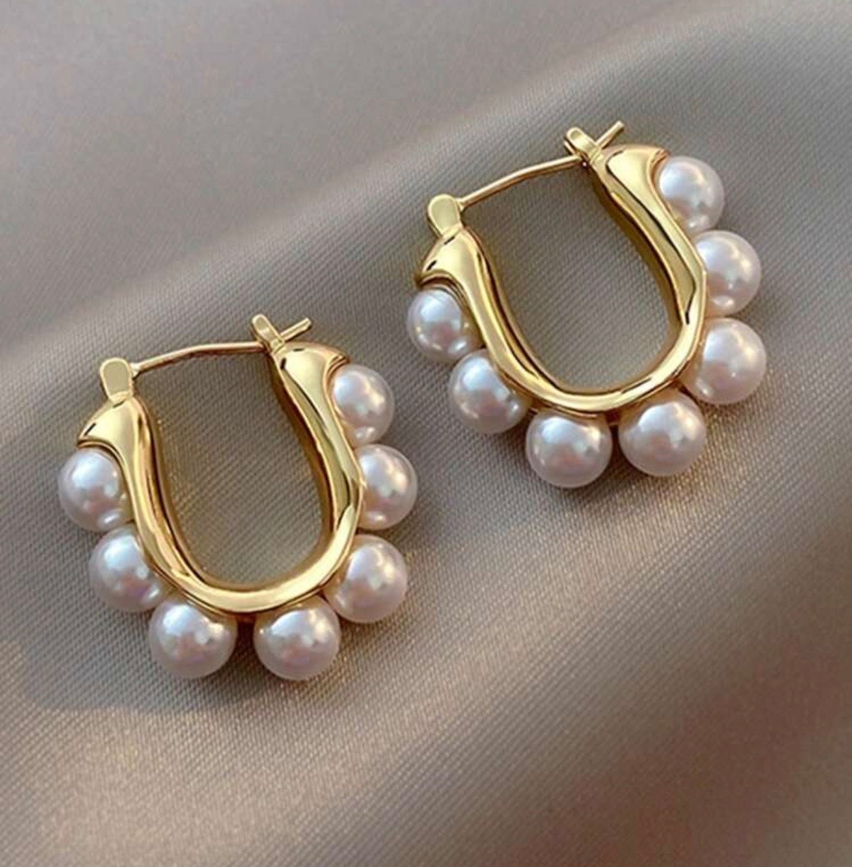 Gold Huggie Hoop Earrings with Pearl Beads