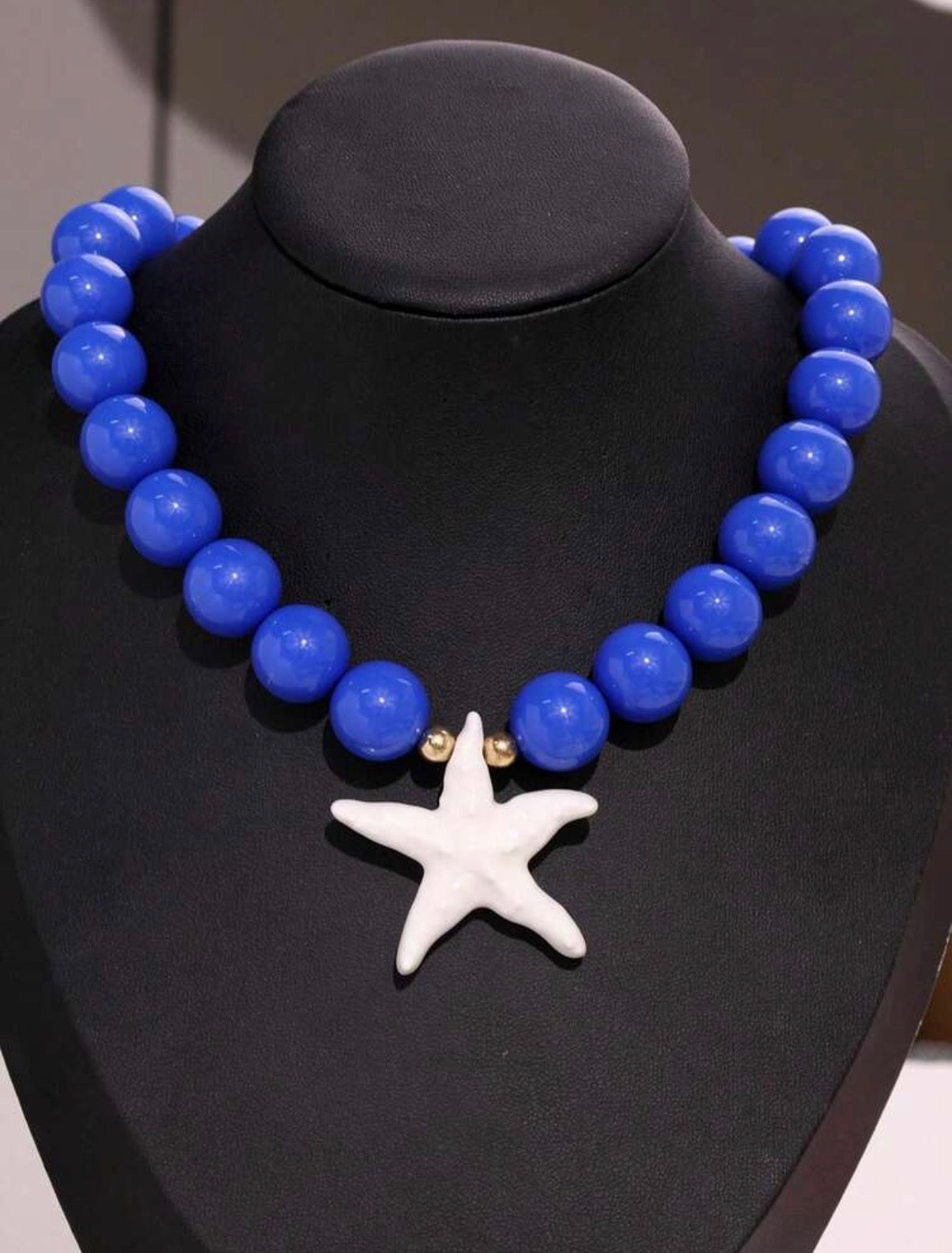Bright Blue Beaded Necklace with White Starfish Pendant