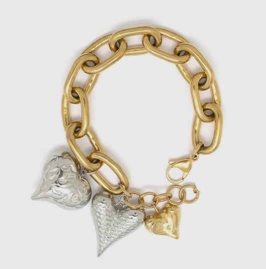 Large Two-Tone Three Heart  Chain Bracelet
