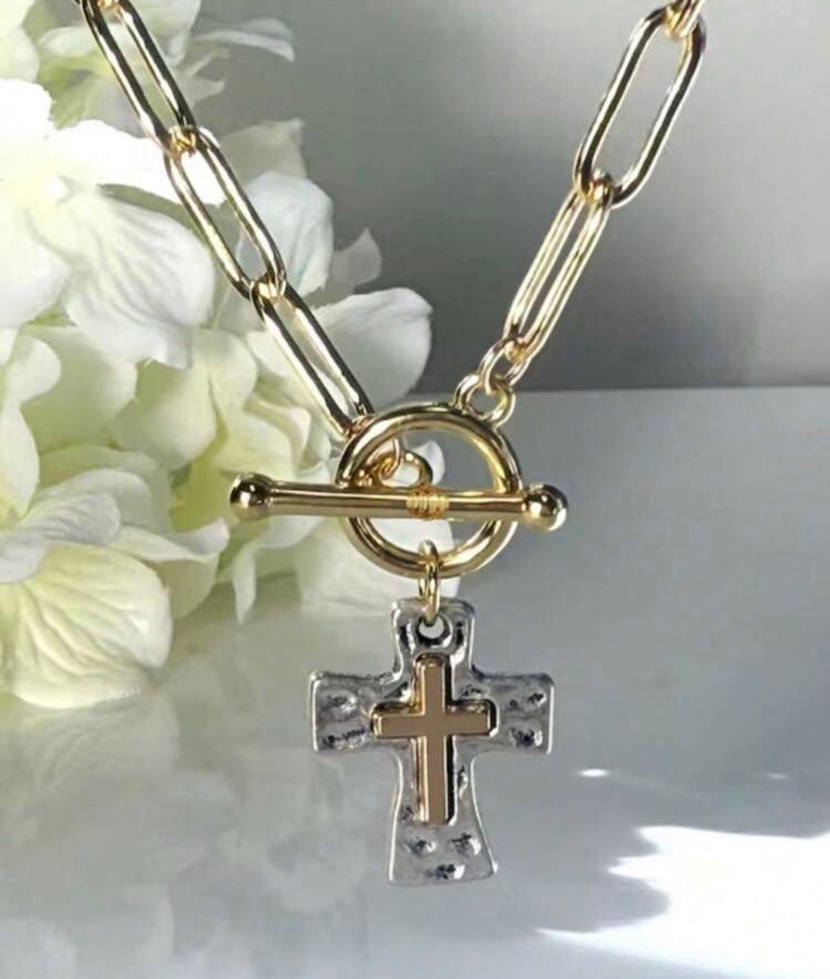 Gold Paperclip Toggle Necklace with Two Tone Cross Pendant