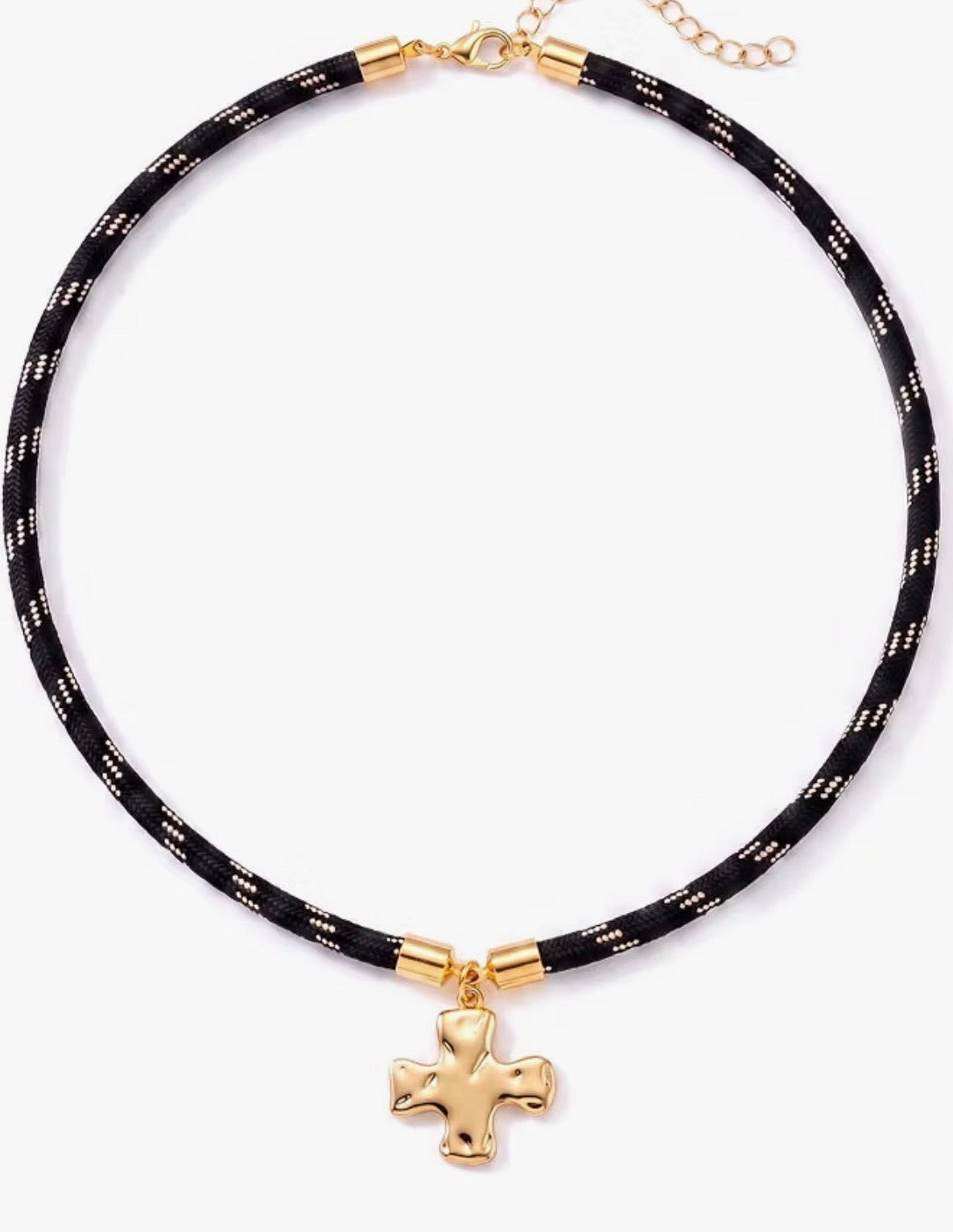 Black Paracord Necklace with Gold  Hammered Square Cross Pendant
