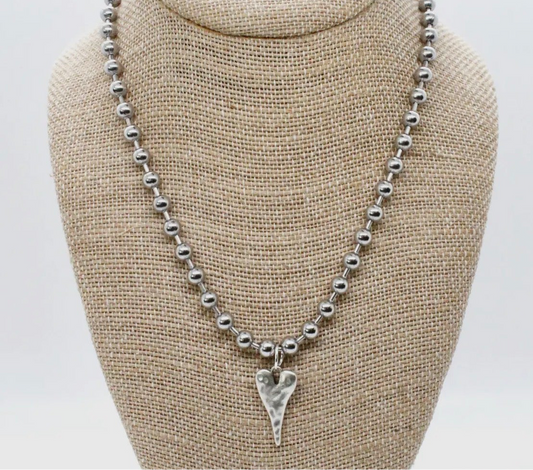 Silver Ball Beaded Necklace with Elongated Heart Charm