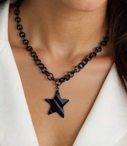 Gun Metal Black Chain Link Necklace with Star Pendant