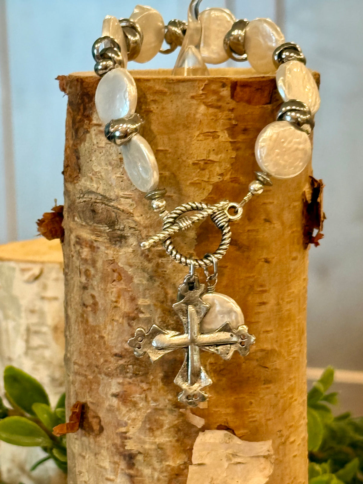 Preorder- Lavish Silver & Pearl Coin Toggle Bracelet with Intricate Cross & Pearl Coin Pendants